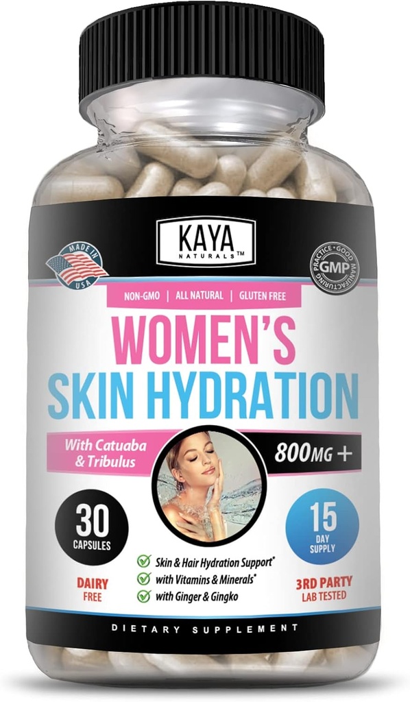 Kaya Naturals Skin Hydration Vitaminer - Kvindelige piller - Hud Enhancer Kapsler -Hydration Booster for kvinder - fremmer øget energi, Mood & Stamina - Reduktion i tørhed - 30 Veggie Kapsler