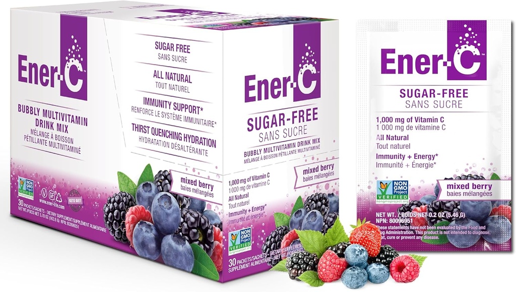 Energi-C Sukker Free Energy Mixed Berry Multivitamin Drink Mix C 1000mg & Electrolytes - Naturlig Immunitet Support med Real Fruit Juice Powders Non- GMO Vegan & Gluten Free - 30 Greve