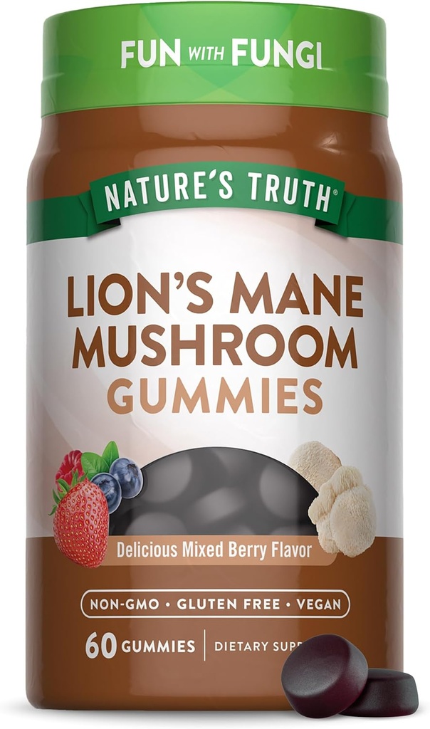 Nature 's Truth Lion' s Mane Gummies for Voksen124; 60 Greve ttesmå 124; Blandet Berry Flavor 124; Vegan, Non- GMO, & Gluten Free Supplement