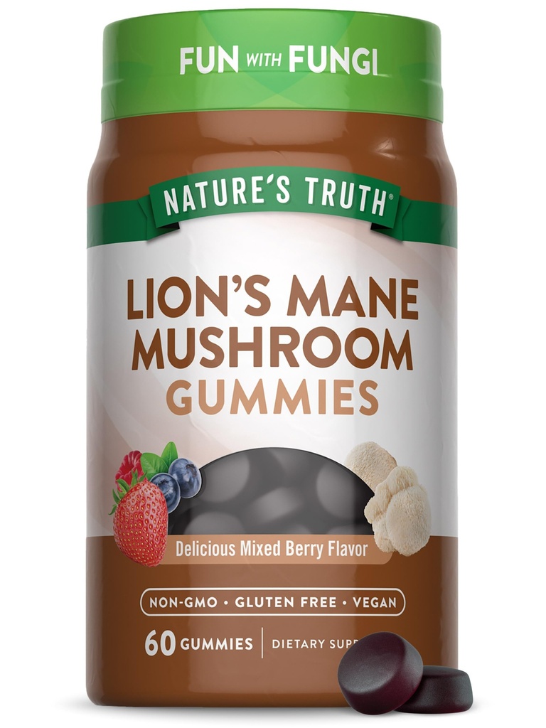 Nature 's Truth Lion' s Mane Gummies for Voksen124; 60 Greve ttesmå 124; Blandet Berry Flavor 124; Vegan, Non- GMO, & Gluten Free Supplement