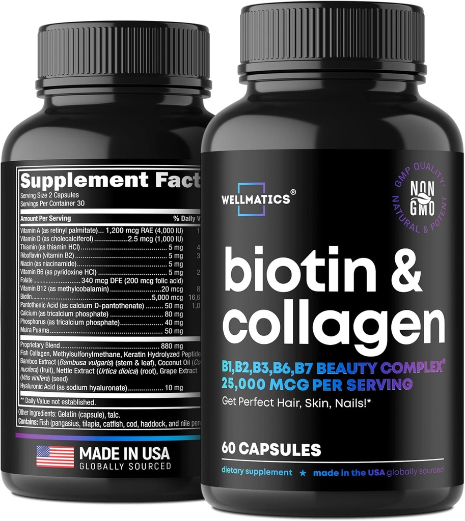 Biotin og kollagen kosttilskud - Hårvækst Vitaminer - Lavet i USA - Hår og negle Vitaminer til kvinder - Biotin Vitaminer til hår hud og negle - Vitamin B Complex - Hyaluronsyre - 60 Caps