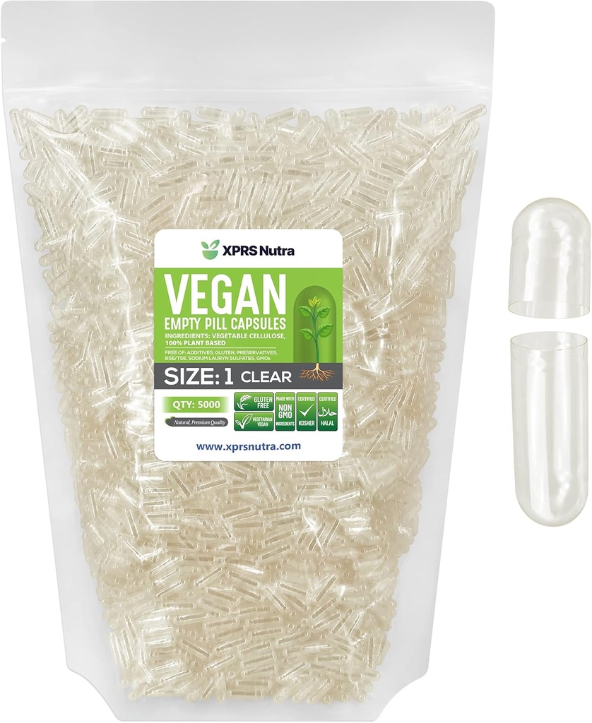 XPRS Nutra Størrelse 1 Tomme kapsler - 5000 Tomme Veganske kapsler - Vegetariske piller - DIY vegetabilsk kapsel Filling- Veggie Pill Caps for Do- It- Yourself Kosttilskud
