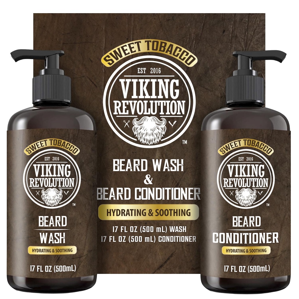Viking Revolution Beard Wash and Beard Conditioner for mænd med Argan Oil og Jojoba Oil - Beard Softener og Stronthener Beard Care Beard Shampoo og Conditioner med Beard Oil (17oz, Sweet Tobacco)