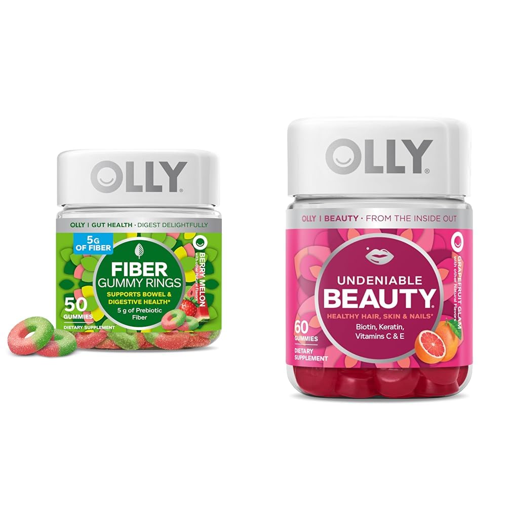 OLLY Fiber Gummy ringe, 5g Prebiotic Fiber, FOS (Fructo- oligosaccharides), fordøjelsesstøtte & undenible Beauty Gummy, for hår, hud, negle, biotin, C-vitamin, Keratin, tyggetabletter
