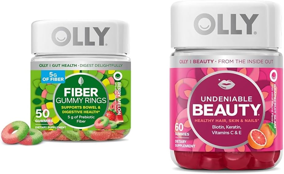 OLLY Fiber Gummy ringe, 5g Prebiotic Fiber, FOS (Fructo- oligosaccharides), fordøjelsesstøtte & undenible Beauty Gummy, for hår, hud, negle, biotin, C-vitamin, Keratin, tyggetabletter