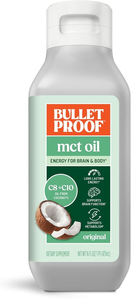 Bulletproof MCT Oil Lavet med C10 og C8 Olie, 16 Ounces, Keto Supplement for vedvarende energi, hjerne og krop brændstof, Tilføj til kaffe og smoothies, Packaging May Vary