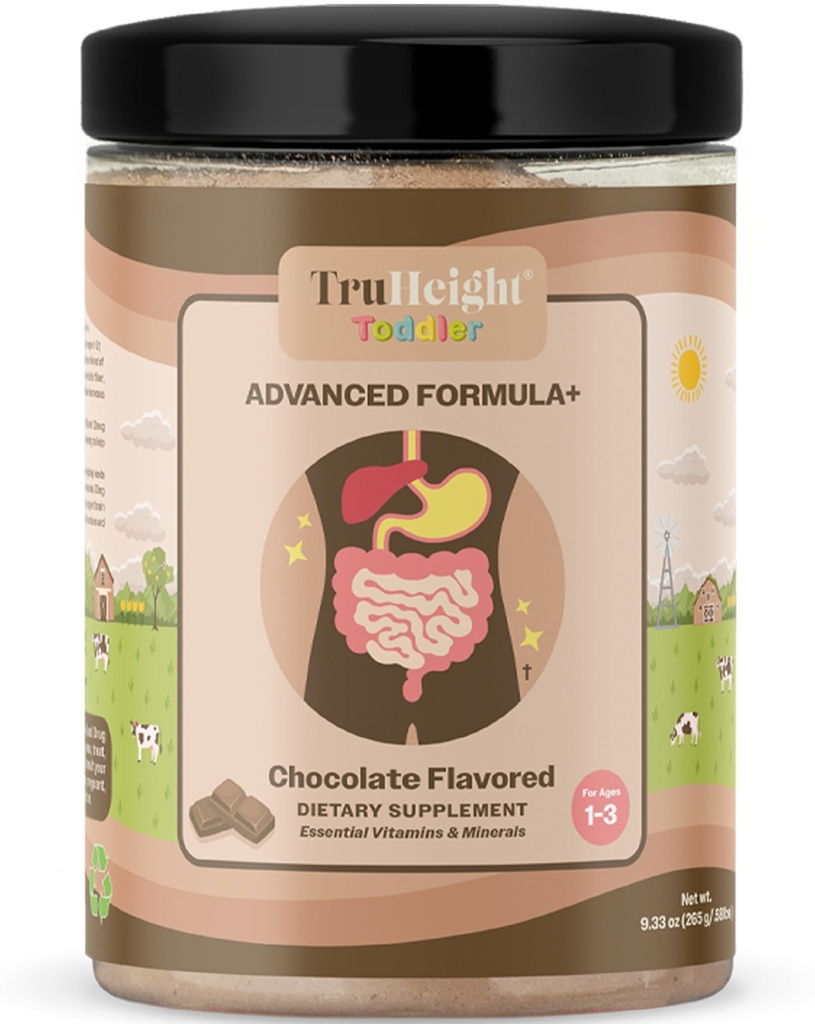 Truheight Toddler Advanced Formel + (Chocolate) 16 Vitaminer herunder C, D, Protein & Jern for 1, 2, 3 år gamle, Milk baseret næringsværdi drik, Toddler komplet ernæring 12-36 Måneder - ikke GMO