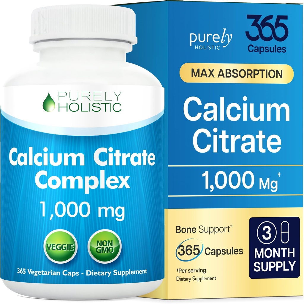 Calciumcitrat 1000mg - 365 Veganske kapsler uden tabletter med tilsat persille, mælkebøtte og watercress - uden D-vitamin - Fremstillet i USA af rent holistiske