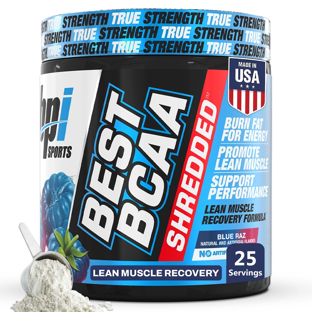 BPI Sport Bedste BCAA Shredded - Koffein Gratis Thermogen Recovery Drink, Lean Muscle Building BCAA pulver til kvinder og mænd, Fortræning BCAAs Aminosyrer Drink - Blue Raz - 25 Serveringer