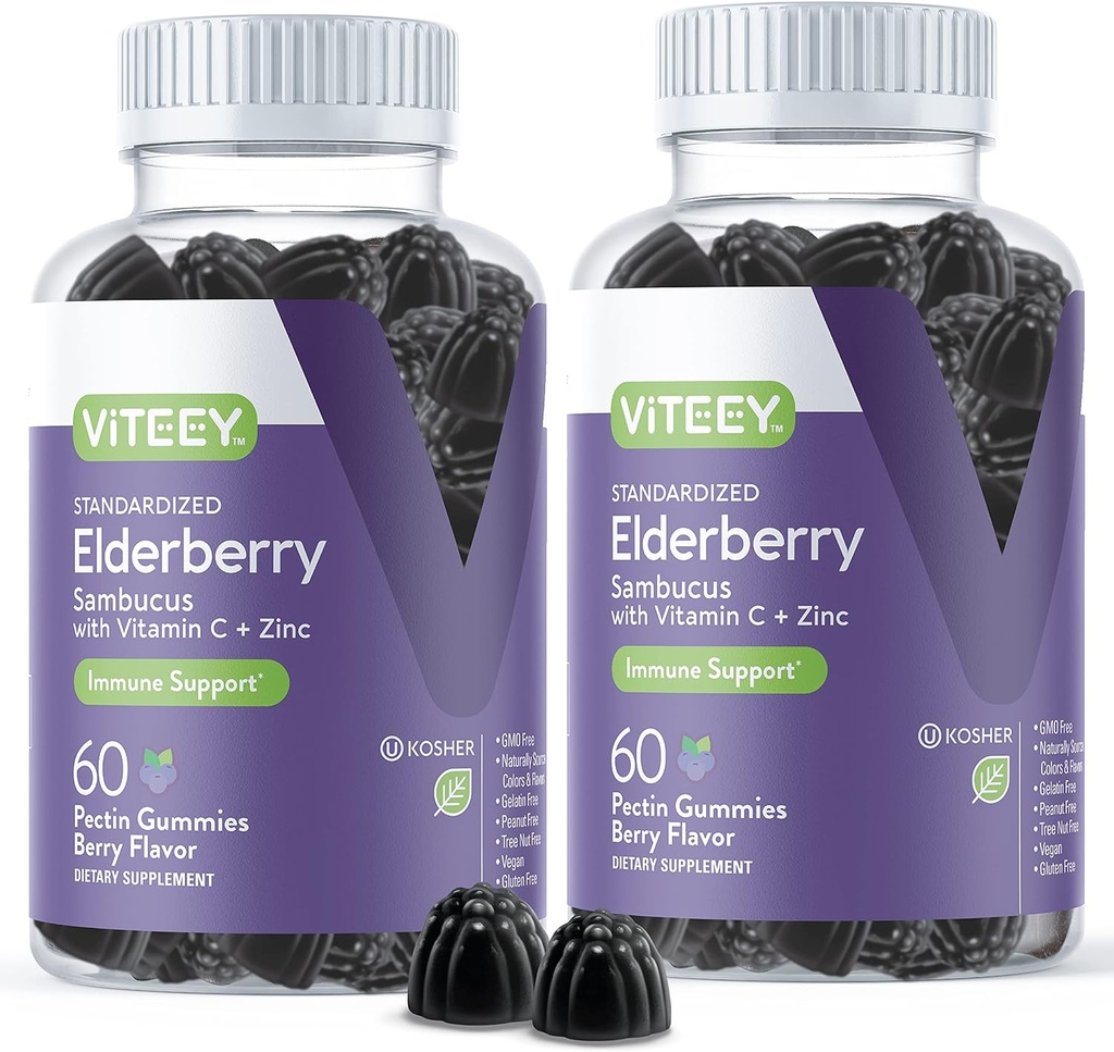 Viteey Sambucus Elderberry Gummies for Adults – Elderberry Vitamin C and Zinc Immunity Gummies - Vegan, Gluten-Free – 120 Count