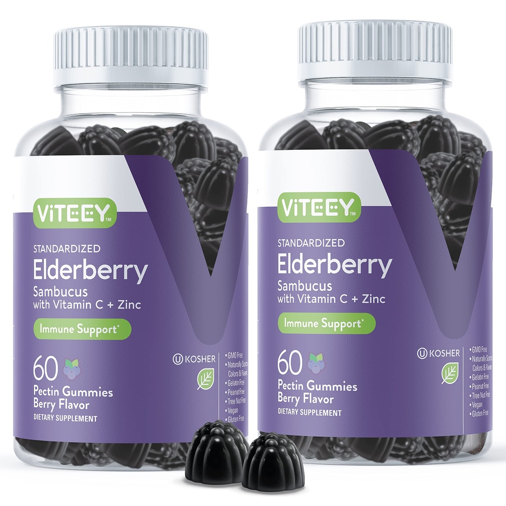 Viteey Sambucus Elderberry Gummies for voksne - Elderberry Vitamin C og Zink Immunity Gummies - Vegan, Gluten- Free - 120 Greve