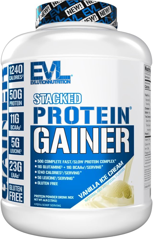 Evolution Nutrition Stacked Protein Gainer, 50 Grams Whey Protein Powder Complex, 251 Grams Kulhydrater, Build Muscle, Recovery, Post Workout, Gluten- Free (Vanilla Ice Cream, 6 LB)