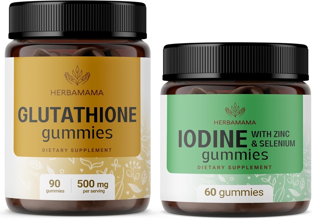 HERBAMAMA Glutathion and Jod Kit - Bundle of 500 mg Reduceret L- glutathion & Kalium Jod Gummies - Vegan, Non- GMO, Gelatin- Free - 2 Pack