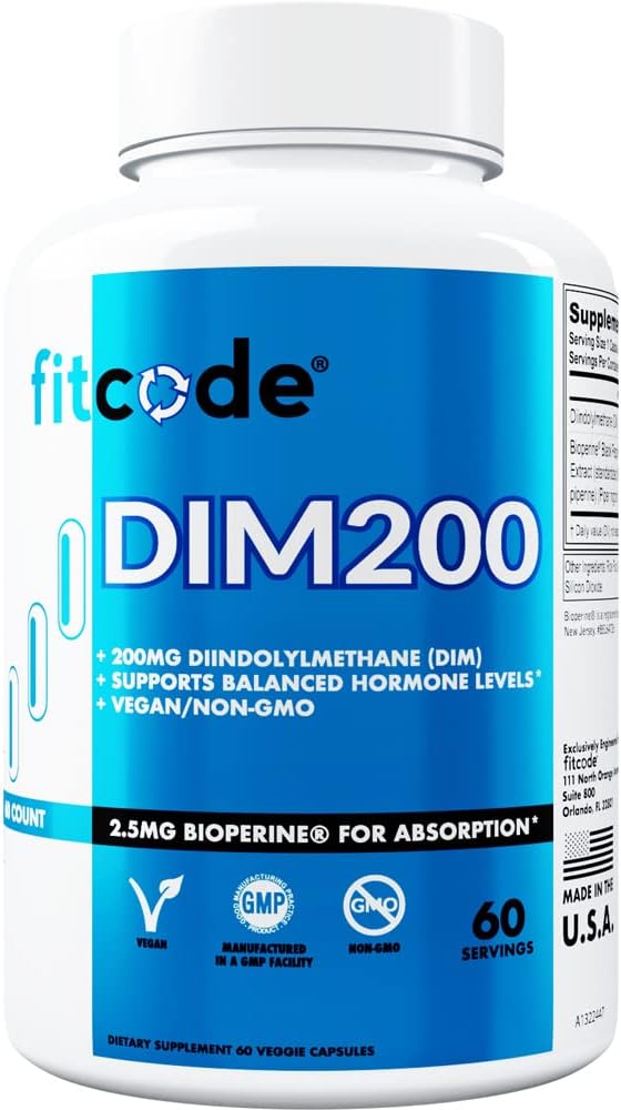 Fitcode Diindolylmethan DIM Supplement for mænd - Advanced Dim 200mg med Dim plus Bioperine for Enhanced Absorption - Vegan Non- GMO Hormone Balance Supplement for Enhanced Energy Mood and Performance