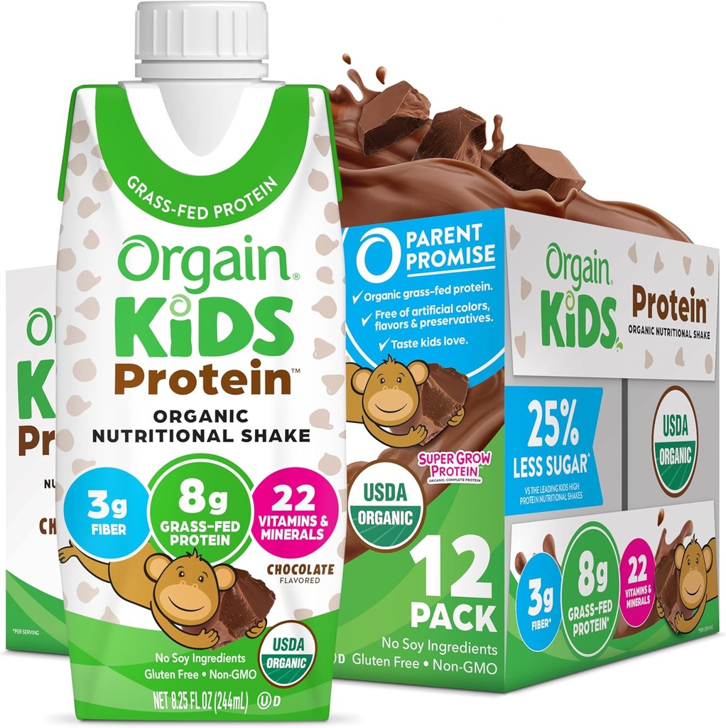 Orgain Organic Kids Protein Nutritional Shake, Chocolate - 8g Protein, 22 Vitamin & Min, Frugter & Grøntsager, Gluten Free, Soy Free, Non- GMO, 8.25 Fl Oz (Pack of 12)