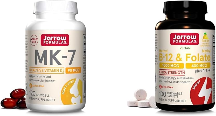 Jarrow Formulas MK7, Promoes Bone Health, 90 mcg, 120 Softels & Extra Strength Methyl B- 12 1000 mcg & Methyl Folate 400 mcg + P- 5- P, Koster
