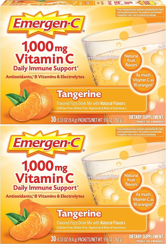 Emergen- C 1000mg C-vitamin pulver, med antioxidanter, B Vitaminer og elektrolyter, C-vitamin Kosttilskud til immunforsvar, Koffein Free Drikke Mix, Tangerine Flavor - 60 Grev / 2 Måned Supply