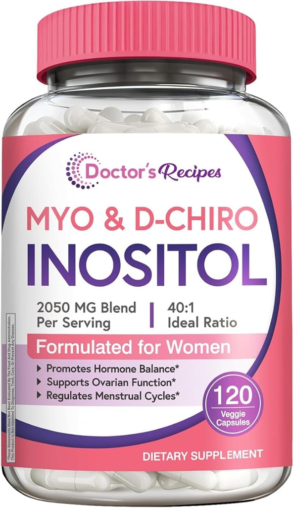 Lægens opskrifter Inositol supplement, Myo-Inositol & D-Chiro Inositol kapsler 2050mg per servering, Ideel 40: 1 Blend, Hormone Balance for kvinder, Ovarie Function & Fertilitet Support, 120 Vegan Caps