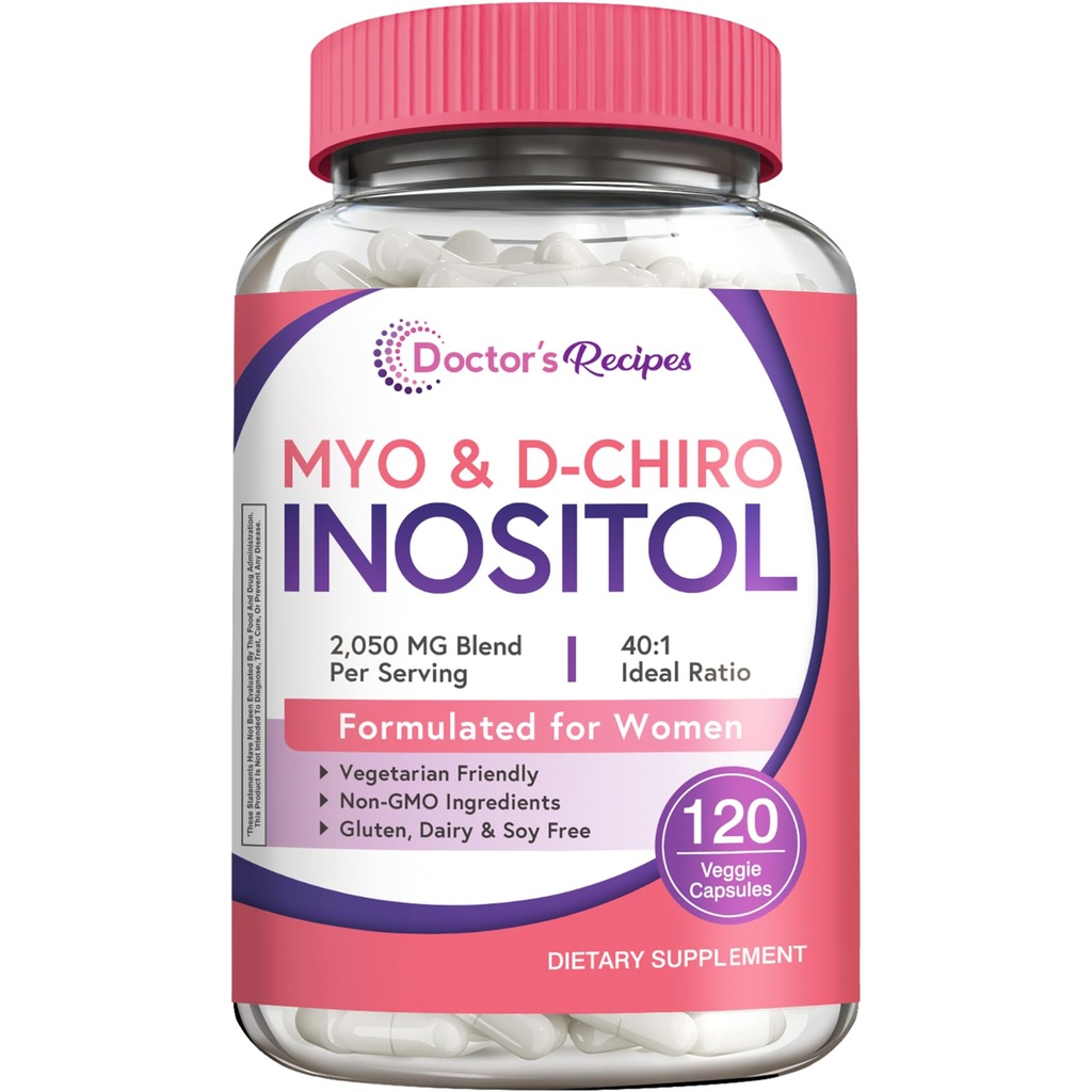 Lægens opskrifter Inositol supplement, Myo-Inositol & D-Chiro Inositol kapsler 2050mg per servering, Ideel 40: 1 Blend, Hormone Balance for kvinder, Ovarie Function & Fertilitet Support, 120 Vegan Caps