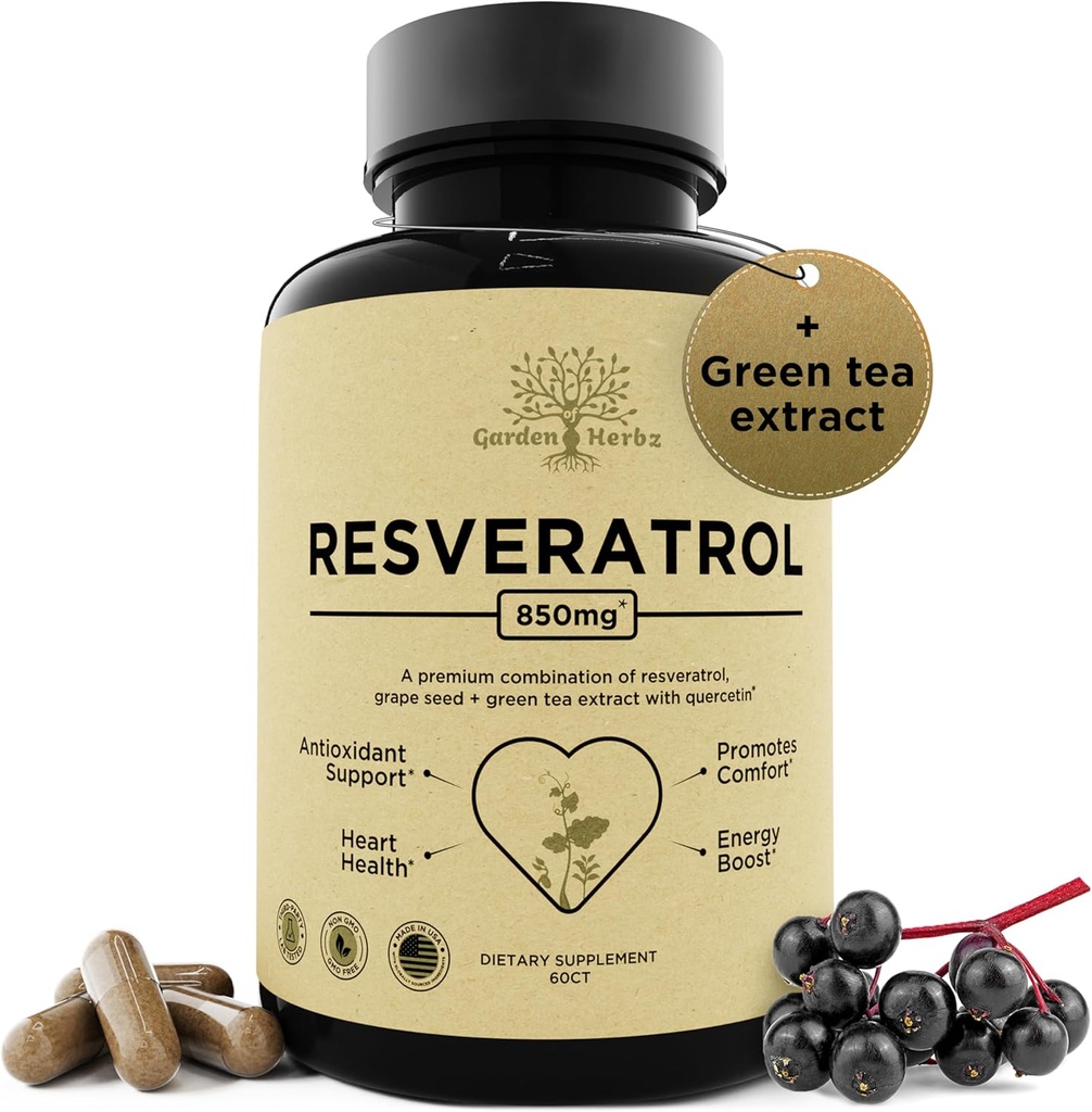 Resveratrol tillæg med Quercetin & Grape Seed - 850mg Herbal Blend, høj potens Polyphenoler & antioxidanter til generelle Wellness, 60 Veganske kapsler