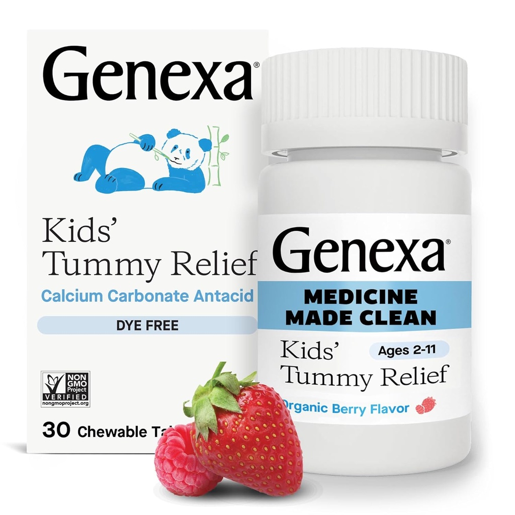 Genexa Kids 'Clean Dye Free Tummy Relief ttesmå 124; Heartburn, Syre fordøjelsesbesvær, Sour Mavesæk Chewable Antacide 124; 0% Kunstige tilsætningsstoffer, Børns Calcium Carbonat, Organic Berry Flavor, 30ct