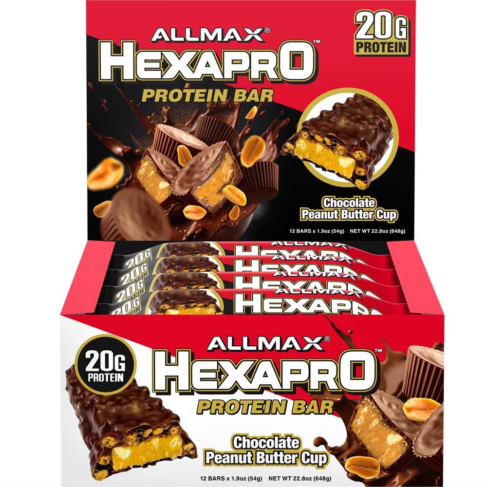 ALLMAX HEXAPRO PROTEIN BAR, Chokolade Peanut Butter Cup - Pack of 12 - High- Protein Energy Snack - 20 g Protein Per Bar - Med Whey Protein Isolate