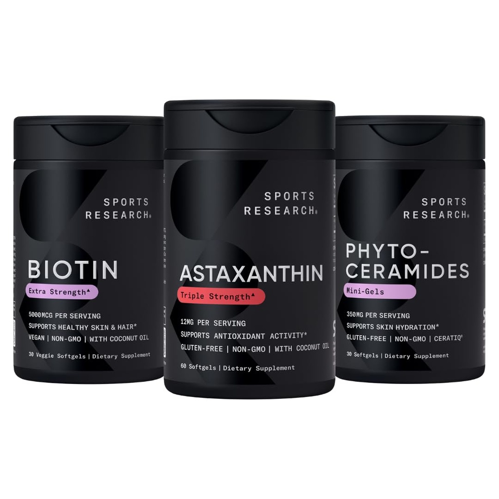 Sportsforskning Vegan Biotin 10,000mcg med kokosolie, Triple Strength Astaxanthin 12mg med Økologisk kokosolie & Phytoceramider 350mg per Softgel