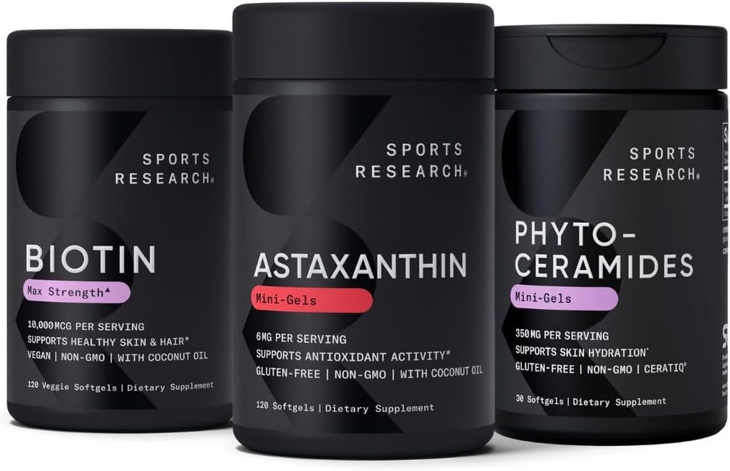 Sportsforskning Vegan Biotin 10,000mcg med kokosolie, Triple Strength Astaxanthin 12mg med Økologisk kokosolie & Phytoceramider 350mg per Softgel