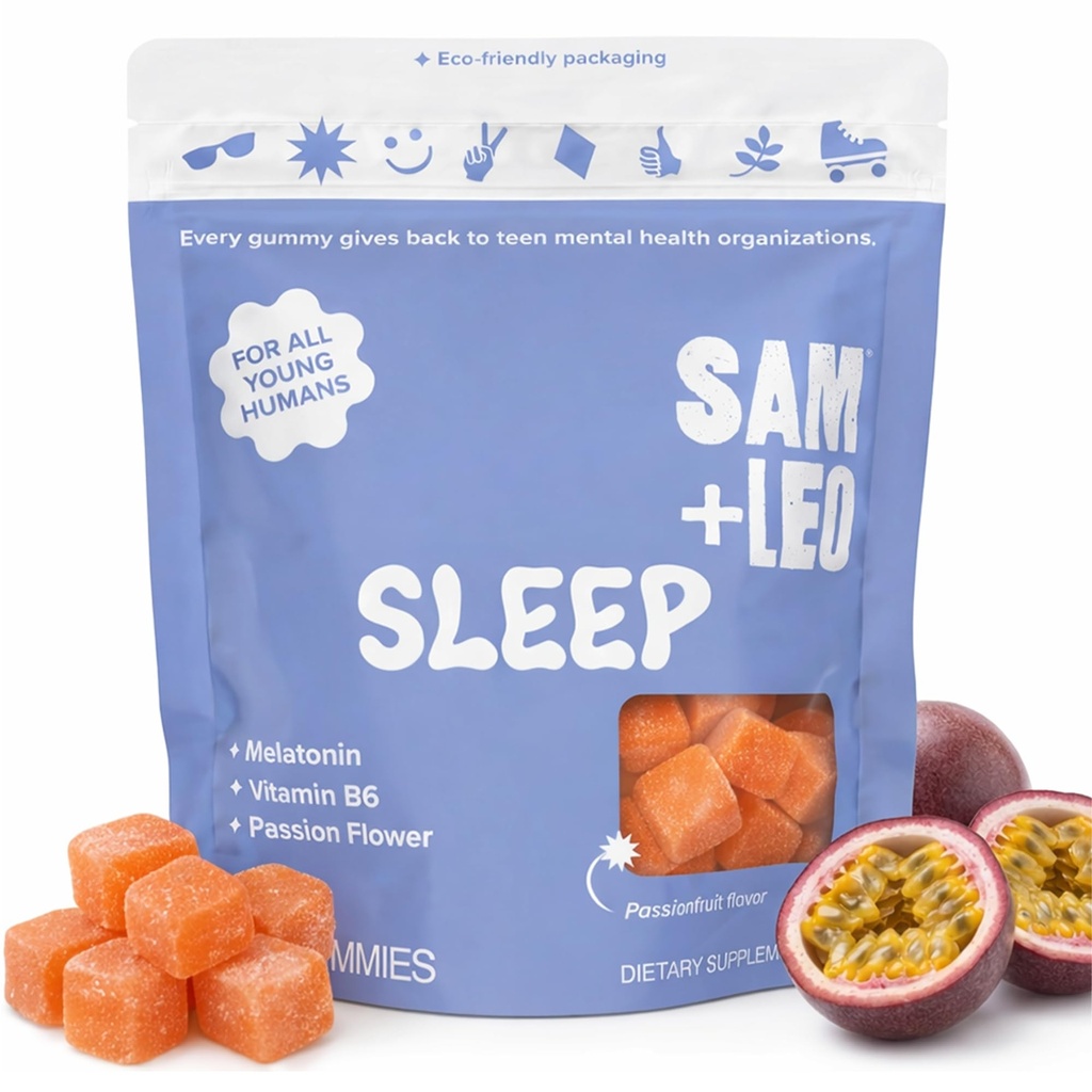 SAM + LEO sovegummi til børn og teenagere med melatonin, passionsblomst og vitamin B6 - mild sovegummi til afslappende søvn 124; Natural, Drug Free, Vegan & Gluten Free, Passionsfrugtsmag (60 ct)