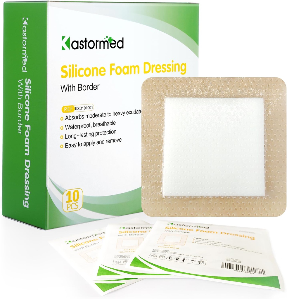 kastormet Silicone Adhesive Skum Dressing med Gentle Border 4 "x4" 10 Pack, Høj Absorbency Skum Sår Bandage til Seng Sore, Leg Ulcer, Diabetic Ulcer