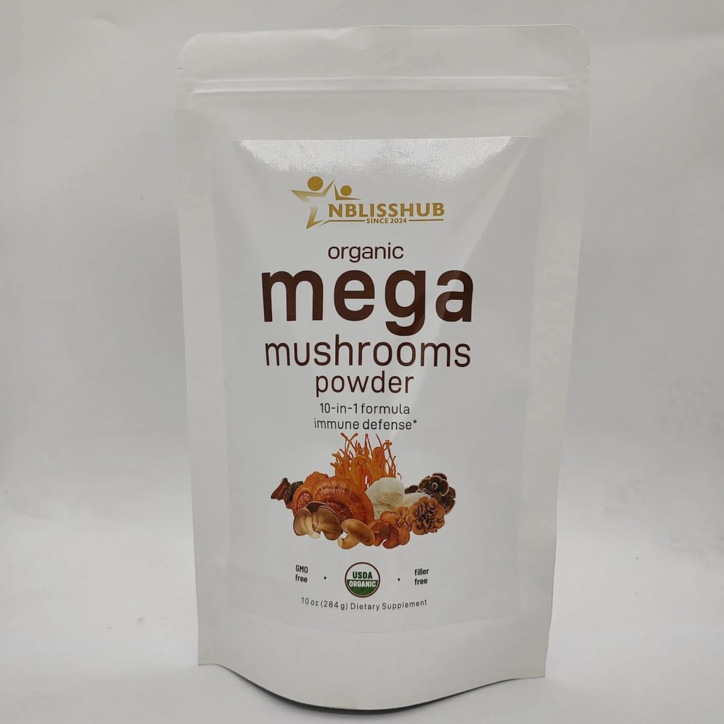 Organic Mega Mushroom Powder 10 i 1 Complex - Immunsystemet Booster Buddy 124; Chaga, Lions Mane, Reishi, Cordyceps & Mere - 10 oz (284- Day Supply) Buddy 124; Filler- Free, Vegan, Non- GMO Superfood til smoothies & Tea