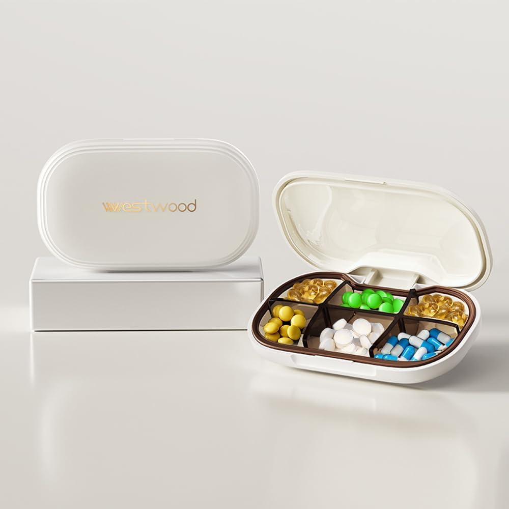 Lille Pill kasse med 6 afdelinger, Delicate Daily Pill Box til purse, Pill Organizer Pill Container Pill Holder til vitaminer, fiskeolie, kosttilskud og medikamenter (hvid)