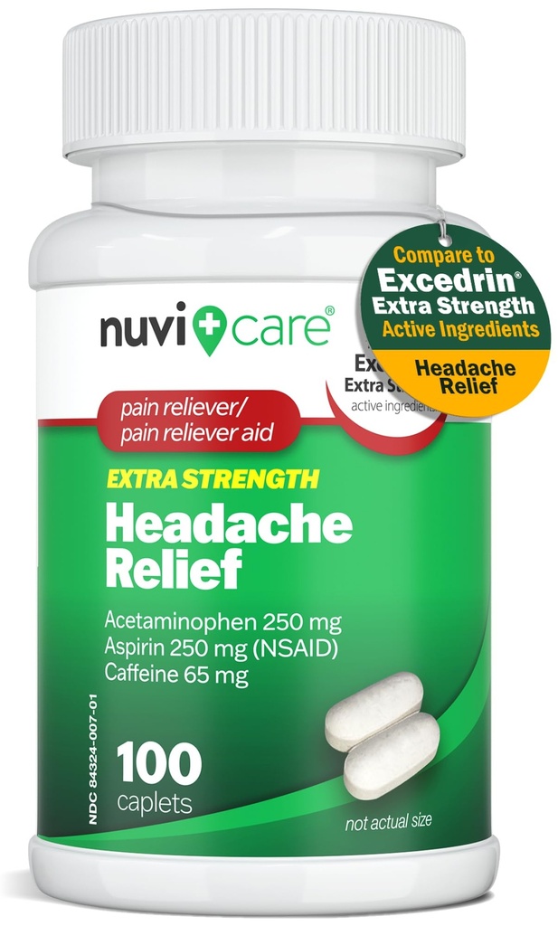 Hovedpine Relief med Acetaminophen 250 mg, Aspirin (NSAID) 250 mg, Koffein 65 mg - Midlertidig lindring af mindre ache & pains - Sammenlign med børn ekstra styrke smertelindring (100 kapsler)