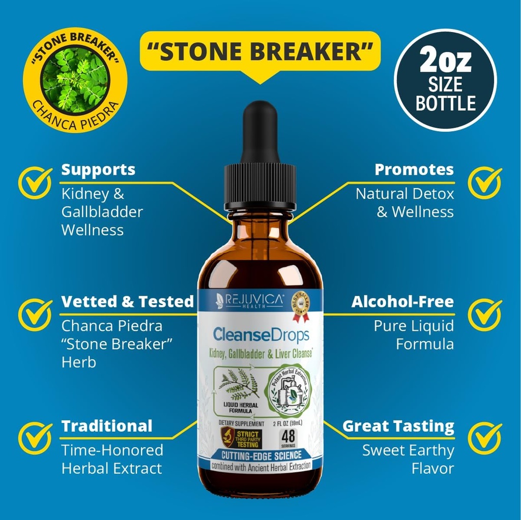 Rejuvica Health Cleanse Drops - Avanceret Nyre & Gallblære Cleanse Support - Flydende levering til bedre Absorption - Chanca Piedra Brugt i Amazonsk Regnskov