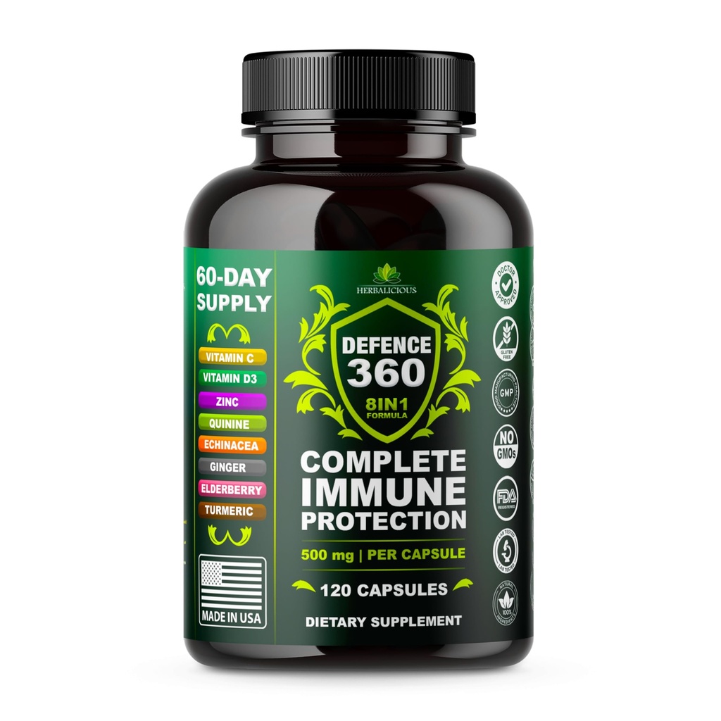 Defence360 Immunstøtte 8- in-1 supplement med vitamin C, D3, Zink, Elderberry, Echinacea, Gurkemeje, Ginger & Quinin, immunforsvar, energi og Vigor, Brain Boost, Stress Relief (120 kapsler)
