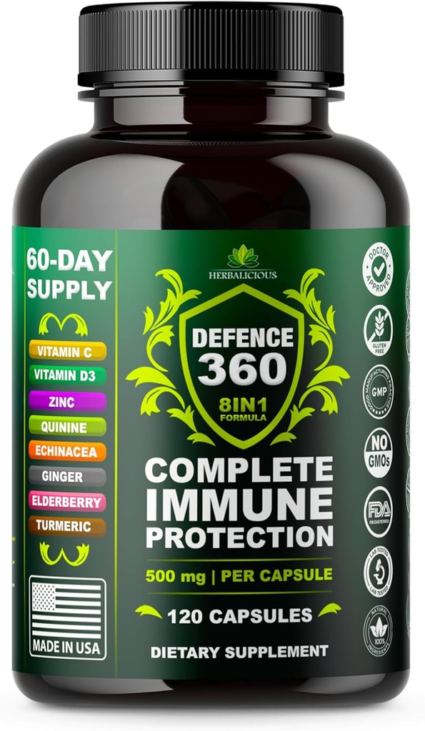 Defence360 Immunstøtte 8- in-1 supplement med vitamin C, D3, Zink, Elderberry, Echinacea, Gurkemeje, Ginger & Quinin, immunforsvar, energi og Vigor, Brain Boost, Stress Relief (120 kapsler)