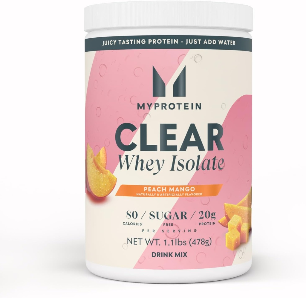 Myprotein Clear Whey Isolate Protein Powder, 1.1 Lb (20 Servere) Peach Mango, 20g Protein per Serving, naturligt aromatiseret drik mix, daglige proteinindtag for overlegen ydeevne