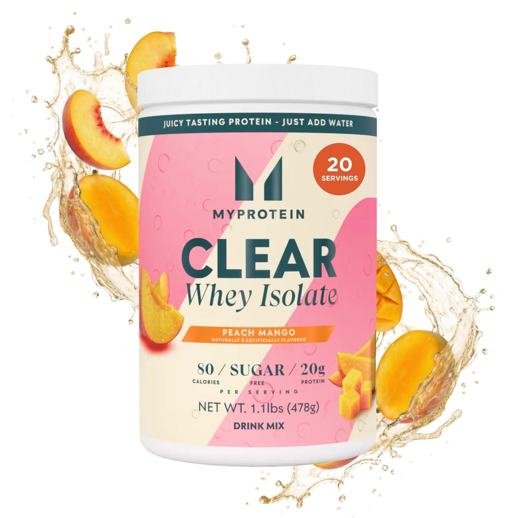 Myprotein Clear Whey Isolate Protein Powder, 1.1 Lb (20 Servere) Peach Mango, 20g Protein per Serving, naturligt aromatiseret drik mix, daglige proteinindtag for overlegen ydeevne