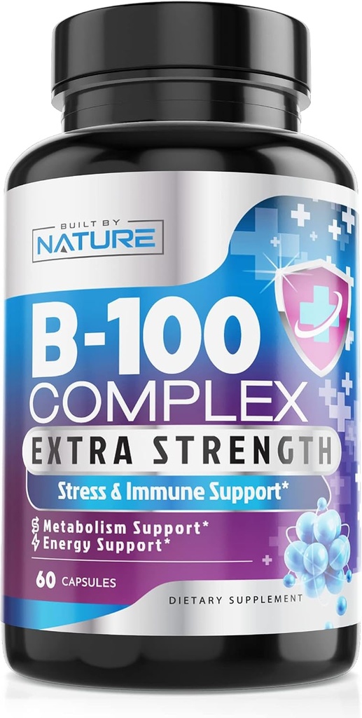 B-vitaminkompleks - alle B-vitaminer B1, B2, B3, B5, B6, B7, B9, B12, folinsyre, C-vitamin - Super B-100 tillæg - immunforsvar, energi & metabolismestøtte, Vegan, non-GMO, gluten fri, 60 kapsler