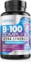 B-vitaminkompleks - alle B-vitaminer B1, B2, B3, B5, B6, B7, B9, B12, folinsyre, C-vitamin - Super B-100 tillæg - immunforsvar, energi & metabolismestøtte, Vegan, non-GMO, gluten fri, 60 kapsler