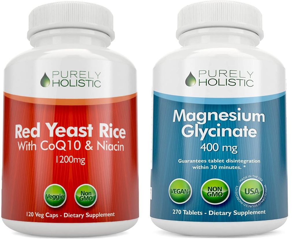 Rent Holistisk Rød Gær Rice 1200mg med CoQ10 & Niacin + Magnesium Glycinate 400mg - 120 kapsler + 270 tabletter - Made in USA