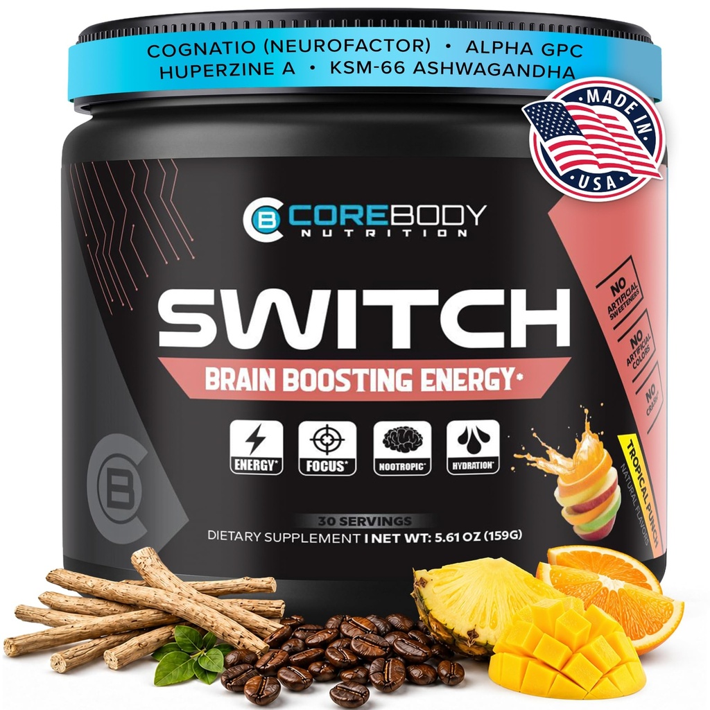 CoreBody Switch Energy Drink Mix -Nootropics Brain Support Supplement for Memory & Focus, Sugar Free Energy Booster med Nootropics, Alpha GPC, All Day Focus * (Tropical Punch)