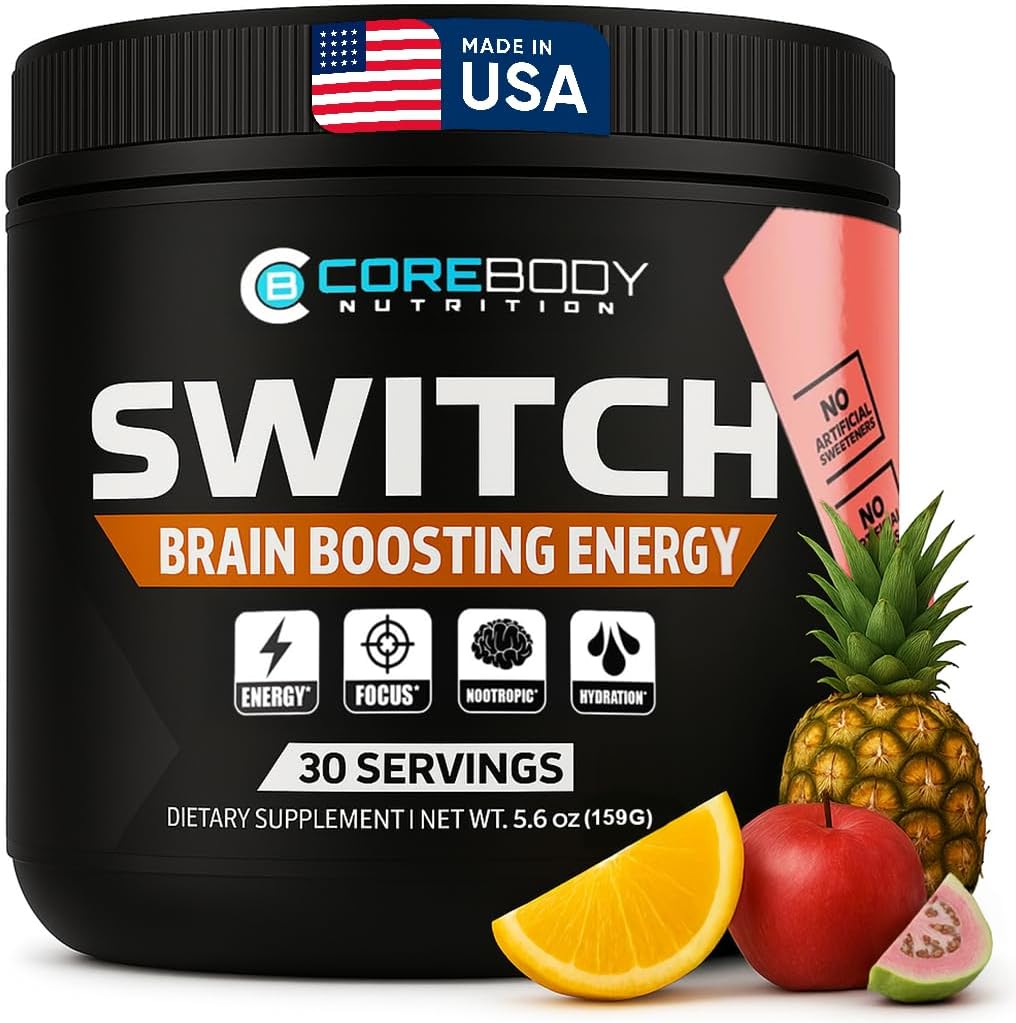 CoreBody Switch Energy Drink Mix -Nootropics Brain Support Supplement for Memory & Focus, Sugar Free Energy Booster med Nootropics, Alpha GPC, All Day Focus * (Tropical Punch)