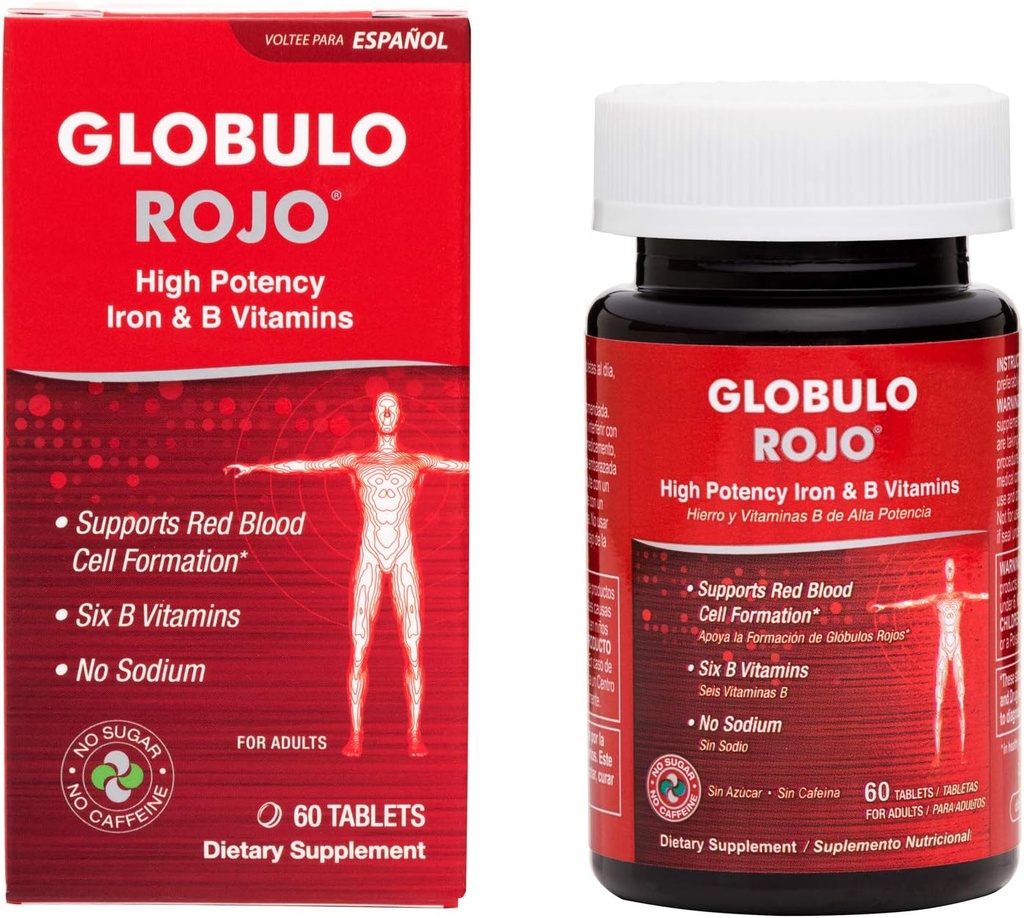 Globulo Rojo jerntilskud - Kosttilskud piller med høj potens Jern & B vitaminer, 60 tabletter