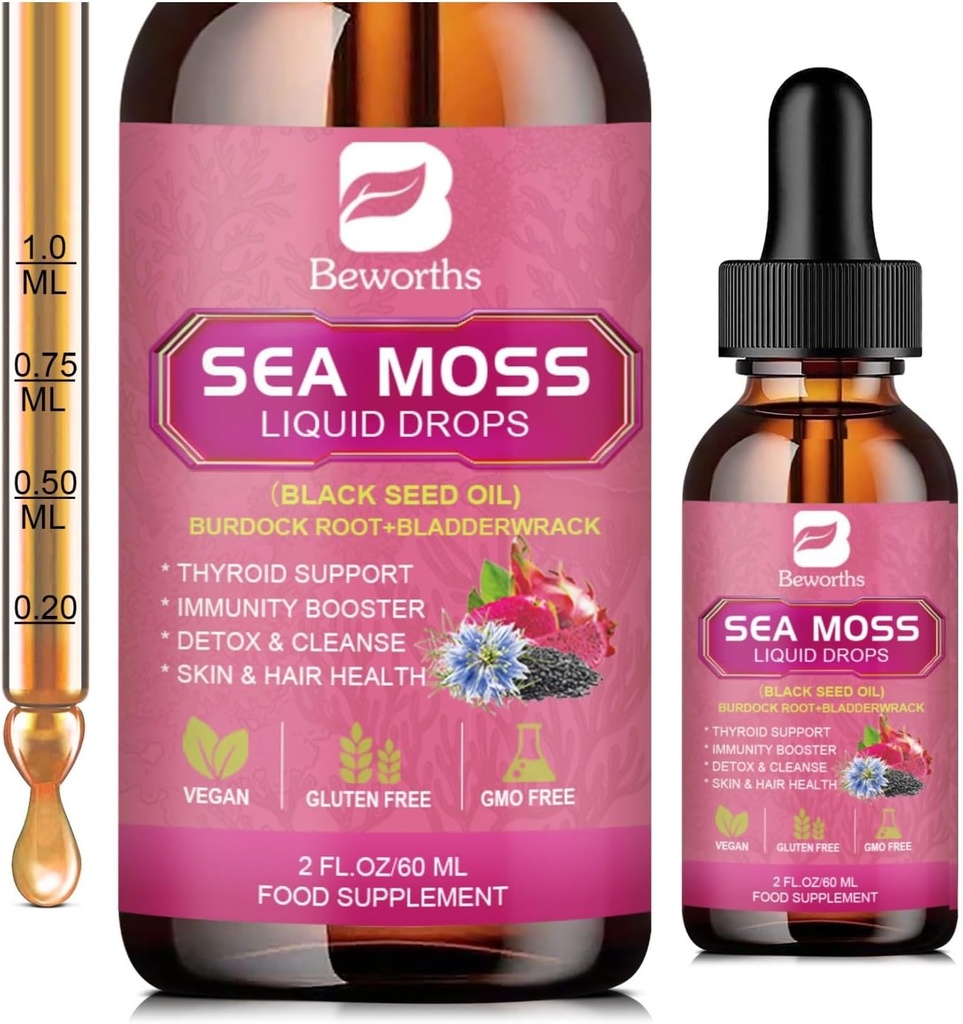 B BEWRTHS Sea Moss Liquid Drops - Black Seed Oil & Irish Sea Moss Gel med Burdock Root Bladerwrack, Elderberry, 6X Stronger Qrganic Seamoss Raw supplement til fordøjelsesbesvær, Hårsundhed - Vegan, 2 Fl.oz