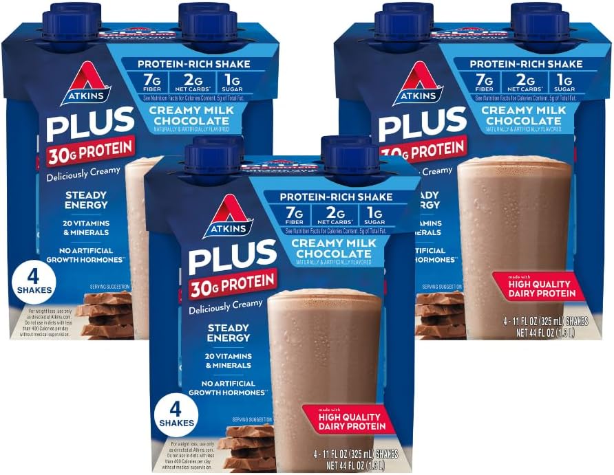 Atkins Creamy Milk Chocolate PLUS Protein Shake, 30g Protein, 7g Fiber, 2g Net Carb, 1g Sugar, Keto Friendly, Low Carb, High Protein Drink, 12 Greve