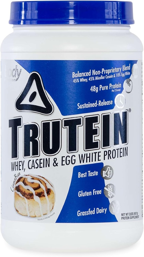 Body Nutrition Trutein High Protein Powder: 45% Whey, 45% Casein, 10% Egg White Protein Shake Mix, Gluten- Free, Lavnatrium, Lavcarb Protein Supplement Powder for mænd og kvinder, Cinnabun, 2lb