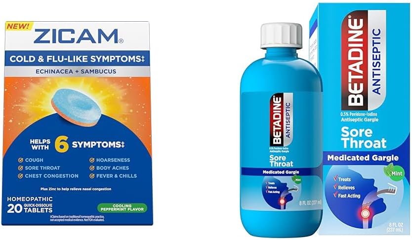 Zicam Cold Symptomer Relief med Betadin Sore Throat Gargle, Echinacea & Sambucus Homøopatiske tabletter, 20 Count & 8 FL OZ