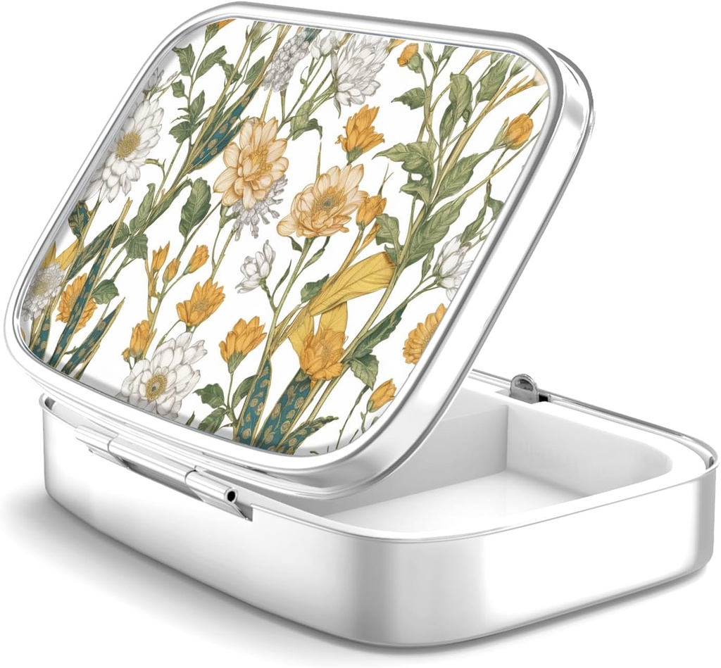 2 Segment Pill Box, Bærbar til Pocket eller håndtaske, Dekorative Metal Pill Box, Vitamin Organizer, Unik gave (1 stykke, 39- blomster Pinck)