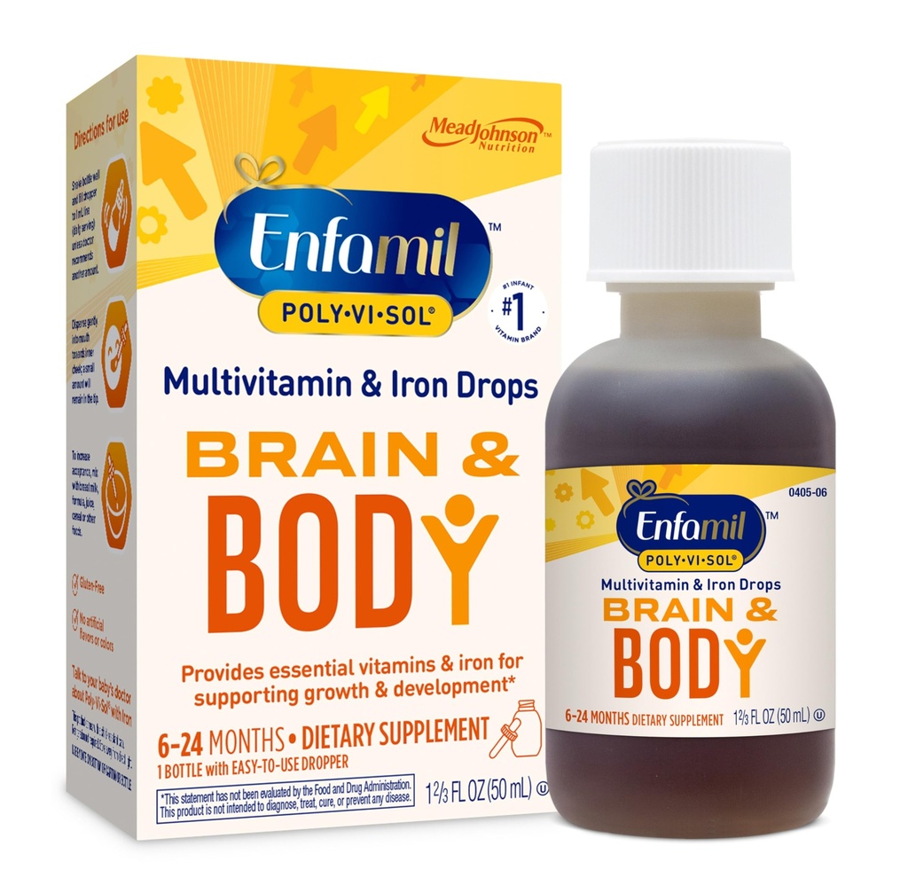Enfamil Poly- Vi- Sol med Iron Liquid Multivitamin Drops, understøtter vækst og udvikling *, 50ml flaske